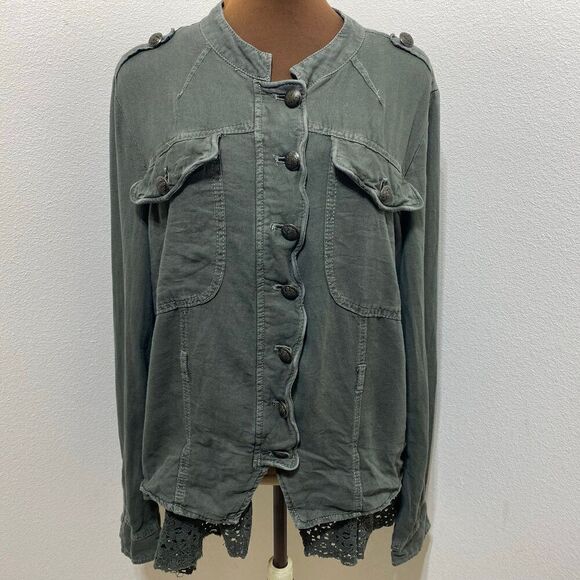 Free People Womens Size Large Green Lace Military Femme Lace Emilia Jacket Top - Picture 1 of 9